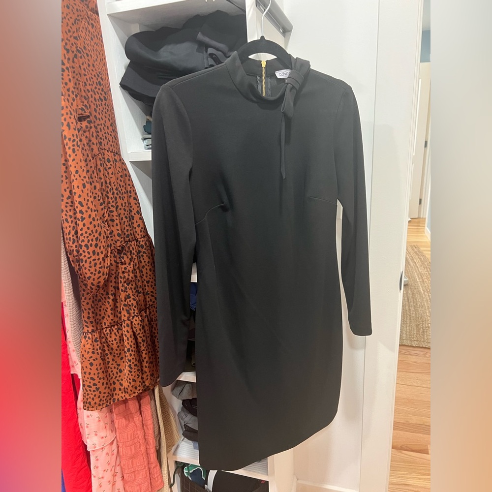Calvin Klein Black Sheath Dress with Mandarin Collar